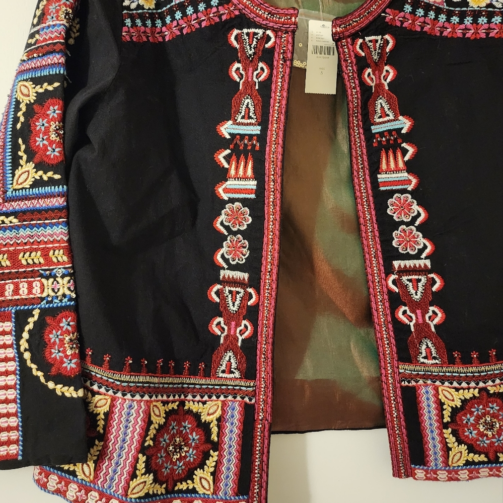 Anthropologie NWT $180 Abstract Colorful Embroidered Floral Cotton Boho Jacket S - Picture 4 of 11